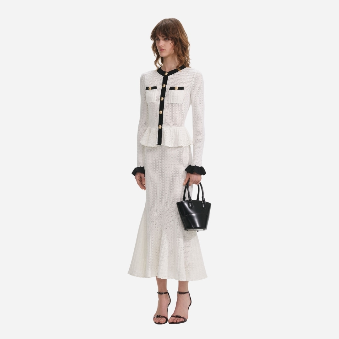 Pointelle Knit Constrast Midi Dress - White