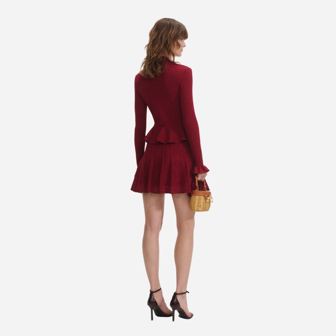 Pointelle Knit Constrast Mini Dress - Burgundy