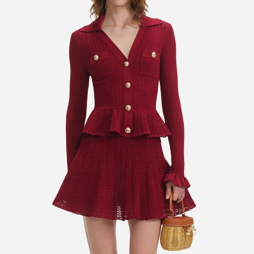 Pointelle Knit Constrast Mini Dress - Burgundy