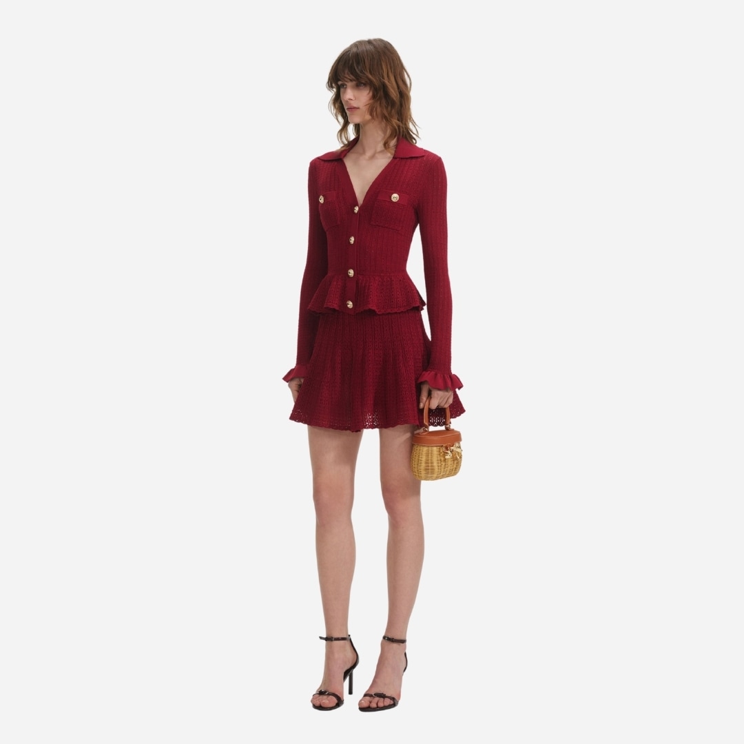 Pointelle Knit Constrast Mini Dress - Burgundy