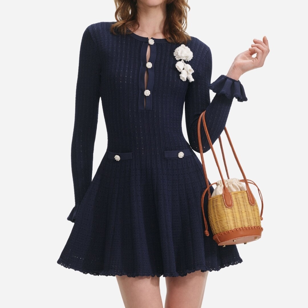 Pointelle Knit Crochet Flower Mini Dress - Navy
