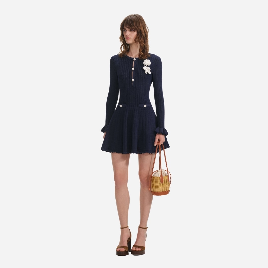 Pointelle Knit Crochet Flower Mini Dress - Navy