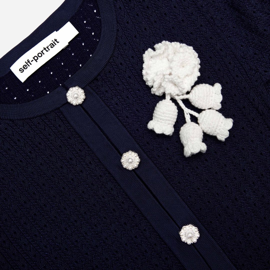 Pointelle Knit Crochet Flower Mini Dress - Navy