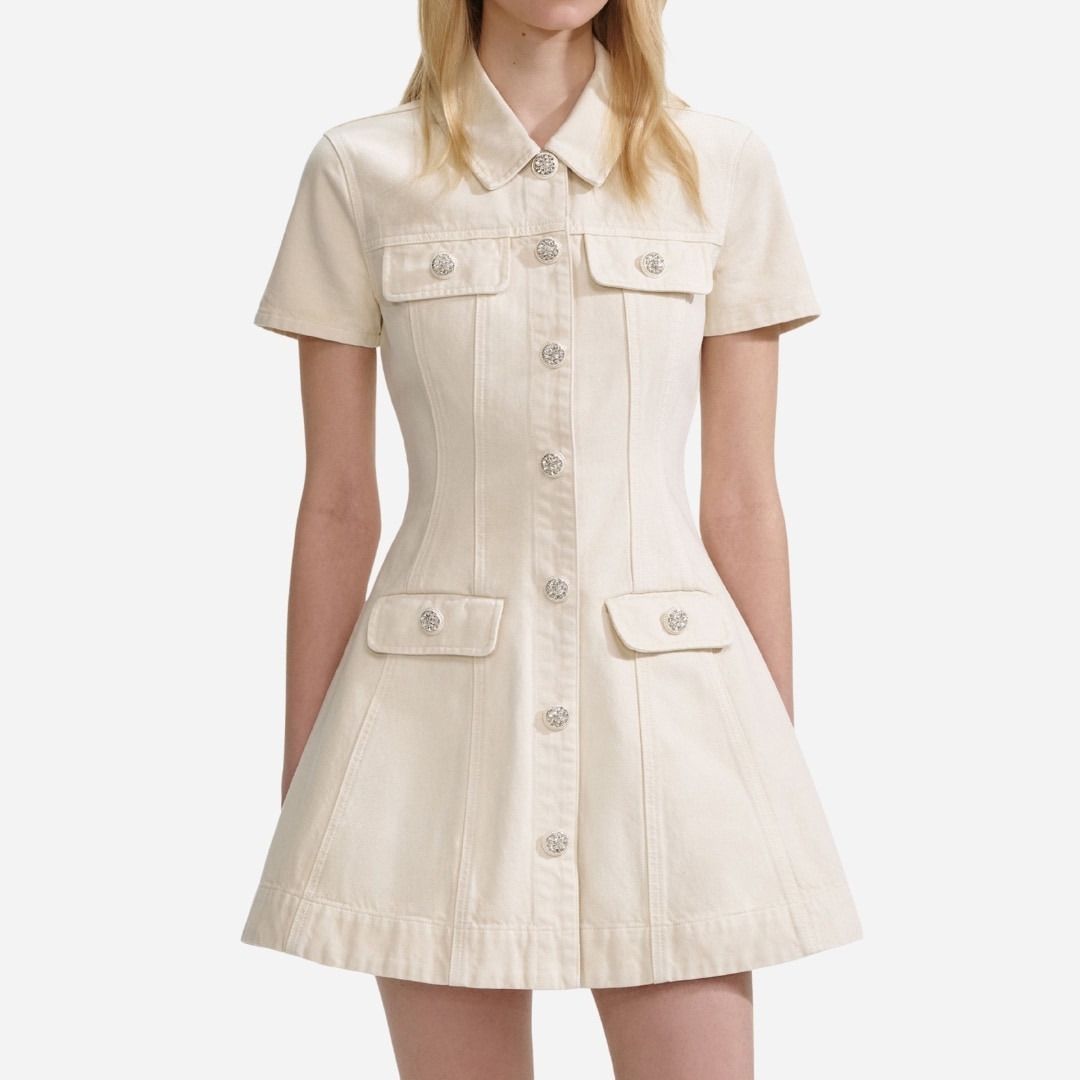 Collared Denim Mini Dress - Cream