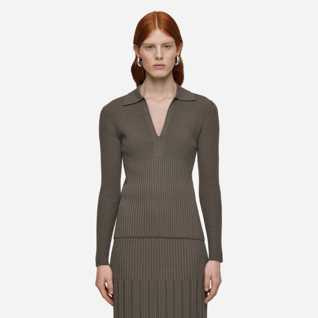 Merino Rib Knit Polo Top - Mushroom