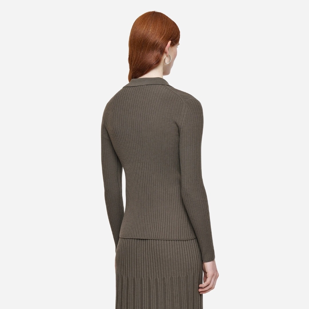 Merino Rib Knit Polo Top - Mushroom