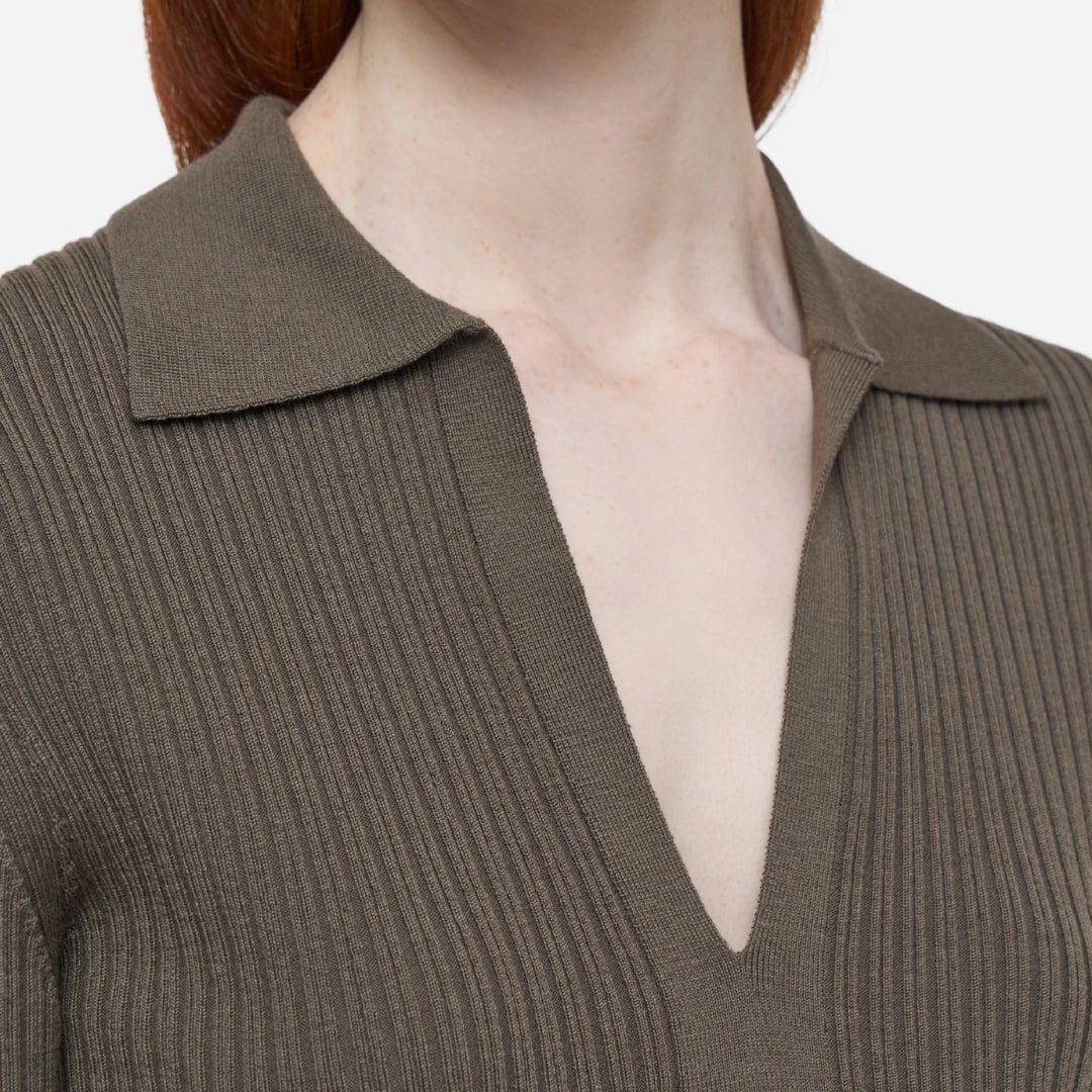 Merino Rib Knit Polo Top - Mushroom