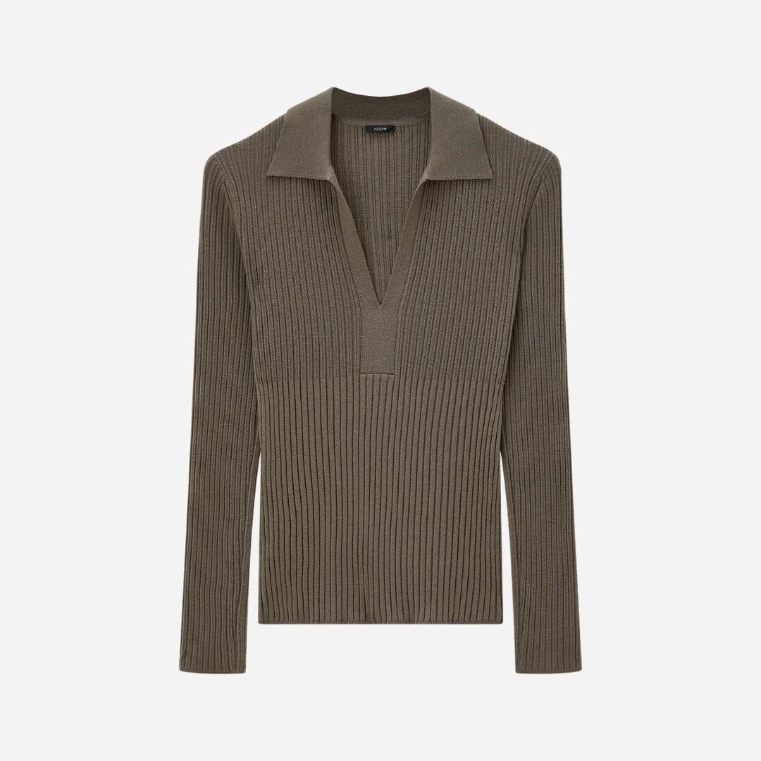 Merino Rib Knit Polo Top - Mushroom