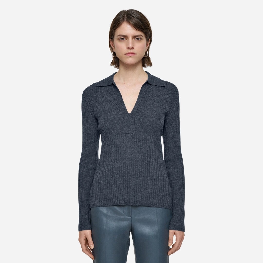 Merino Rib Knit Polo Top - Smoke