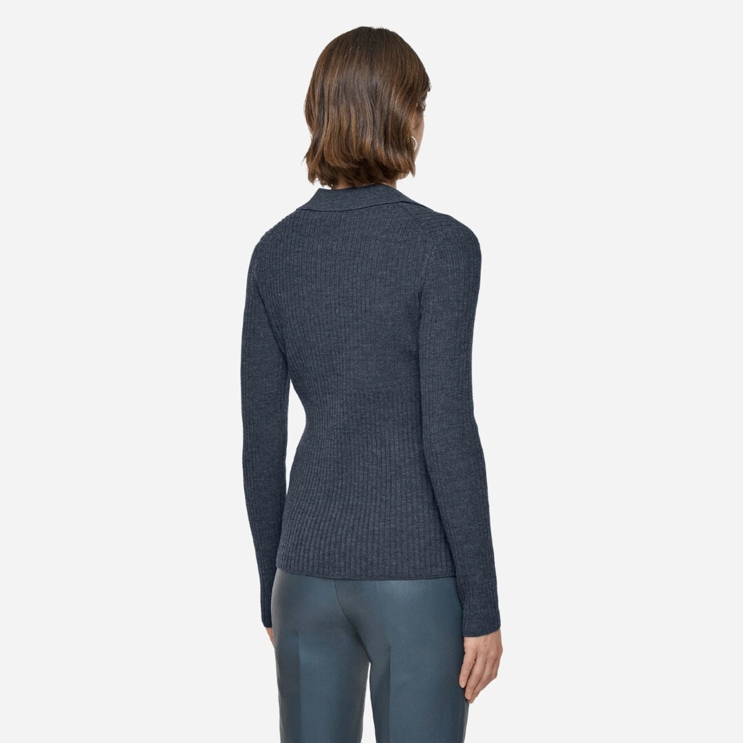 Merino Rib Knit Polo Top - Smoke