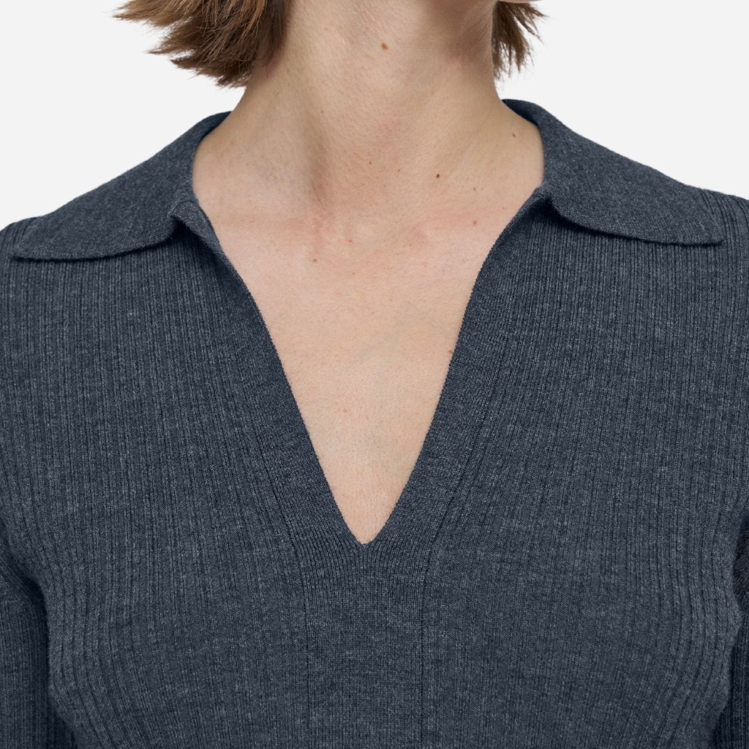 Merino Rib Knit Polo Top - Smoke