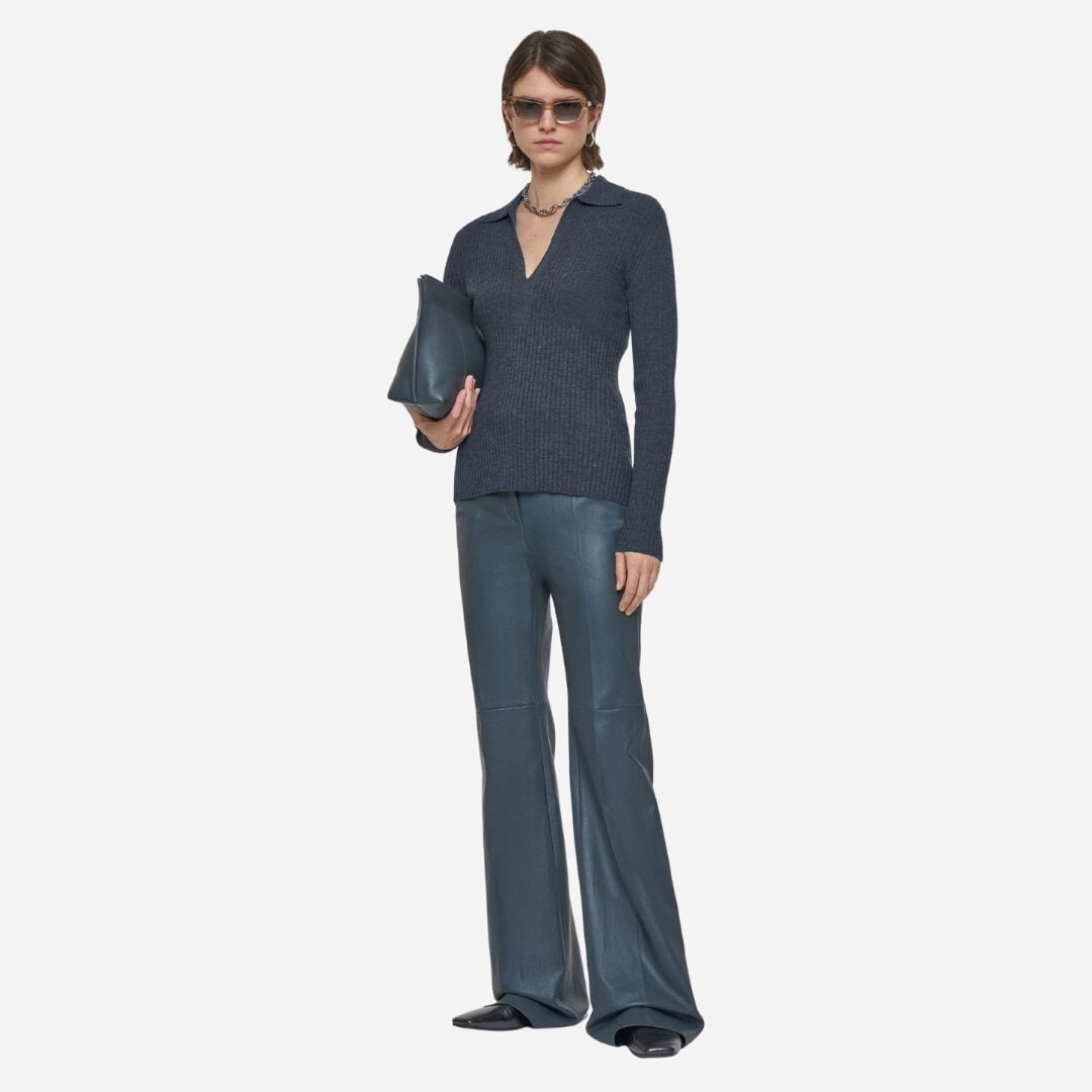 Merino Rib Knit Polo Top - Smoke