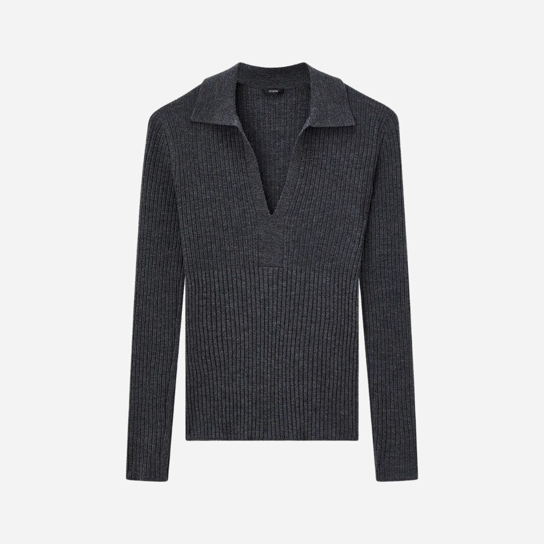 Merino Rib Knit Polo Top - Smoke