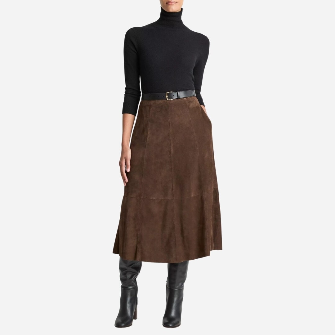 Suede Mid-Rise Flared Skirt - Deep Espresso