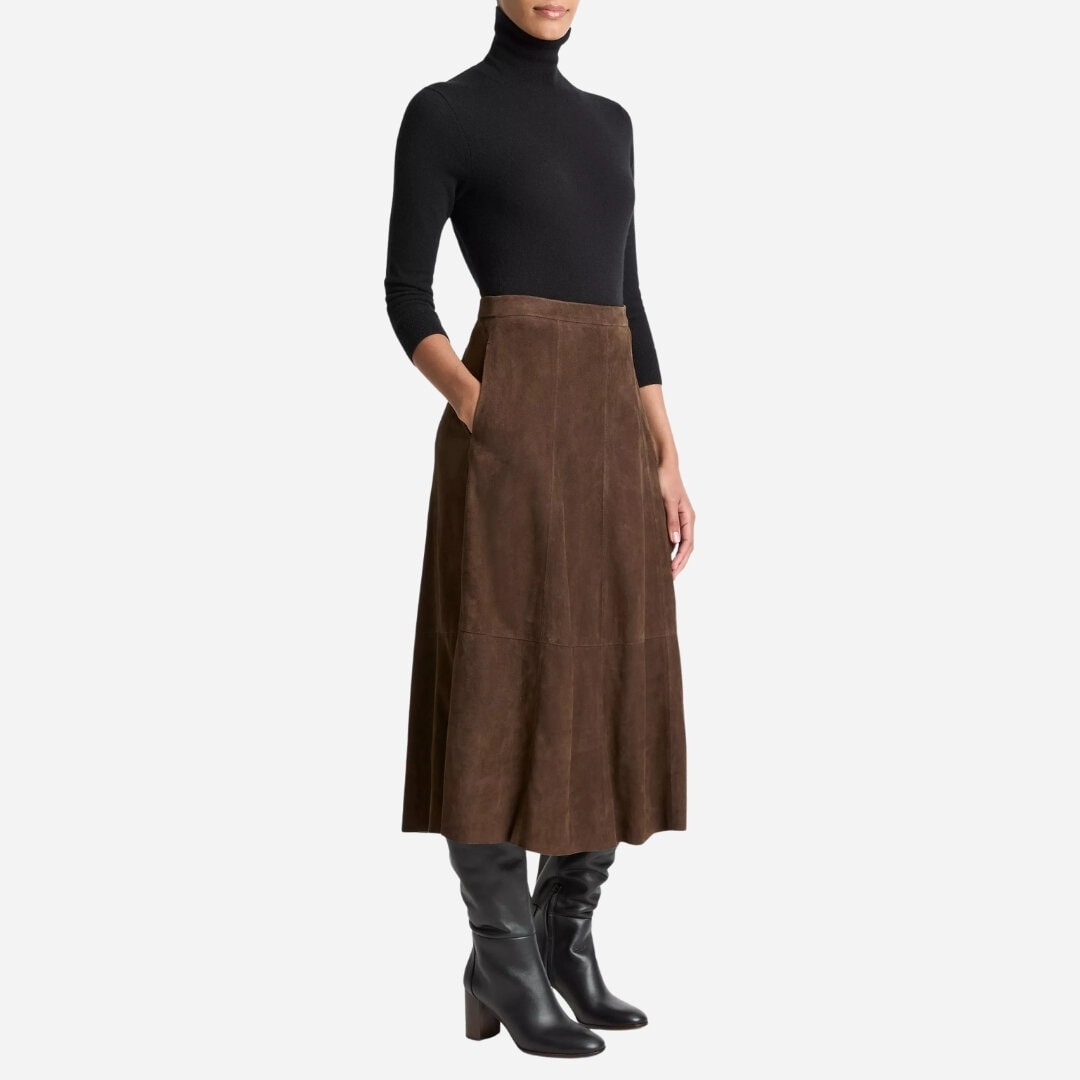Suede Mid-Rise Flared Skirt - Deep Espresso