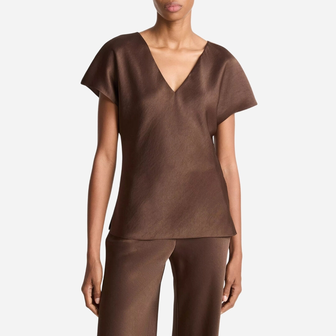 Satin V-Neck Blouse - Espresso