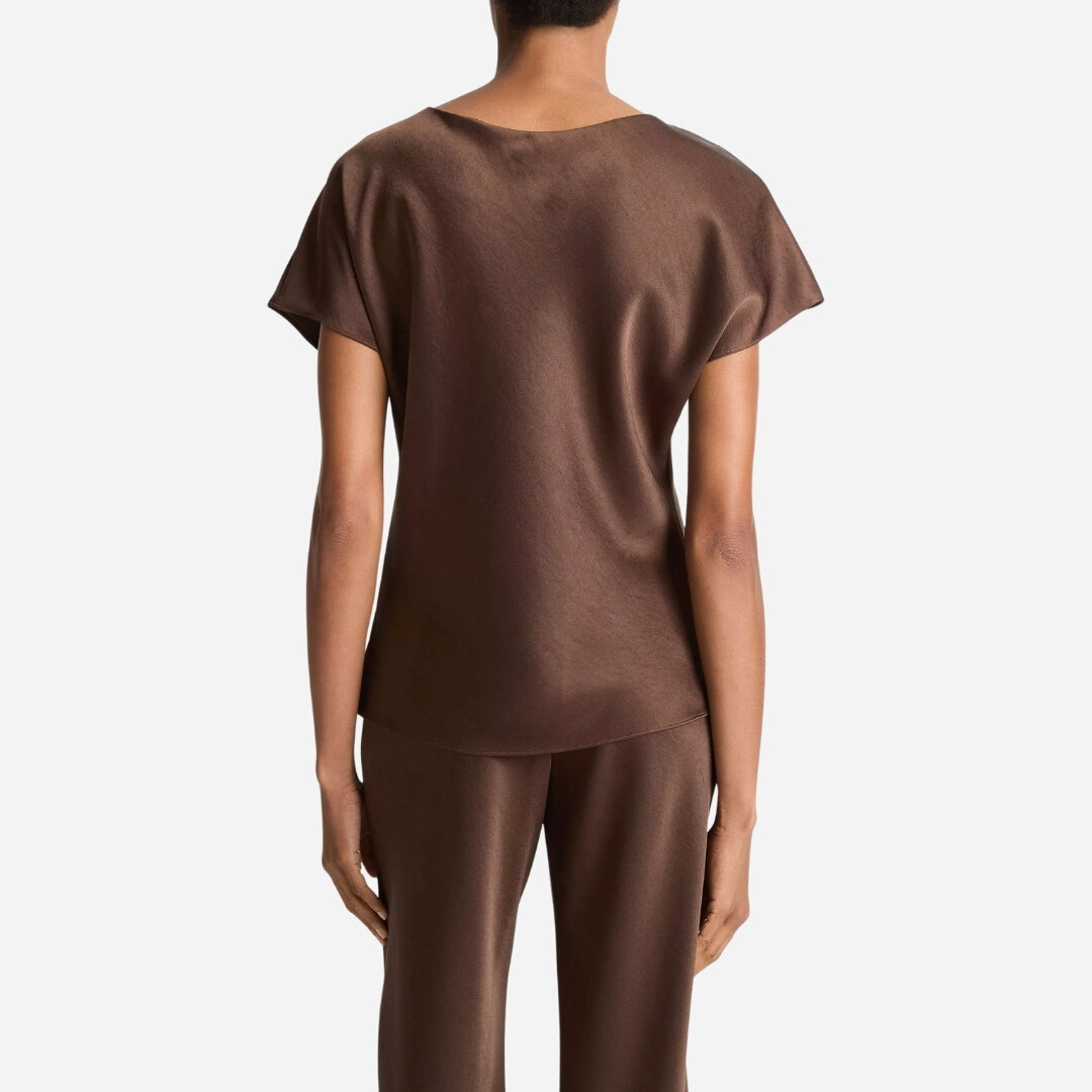 Satin V-Neck Blouse - Espresso