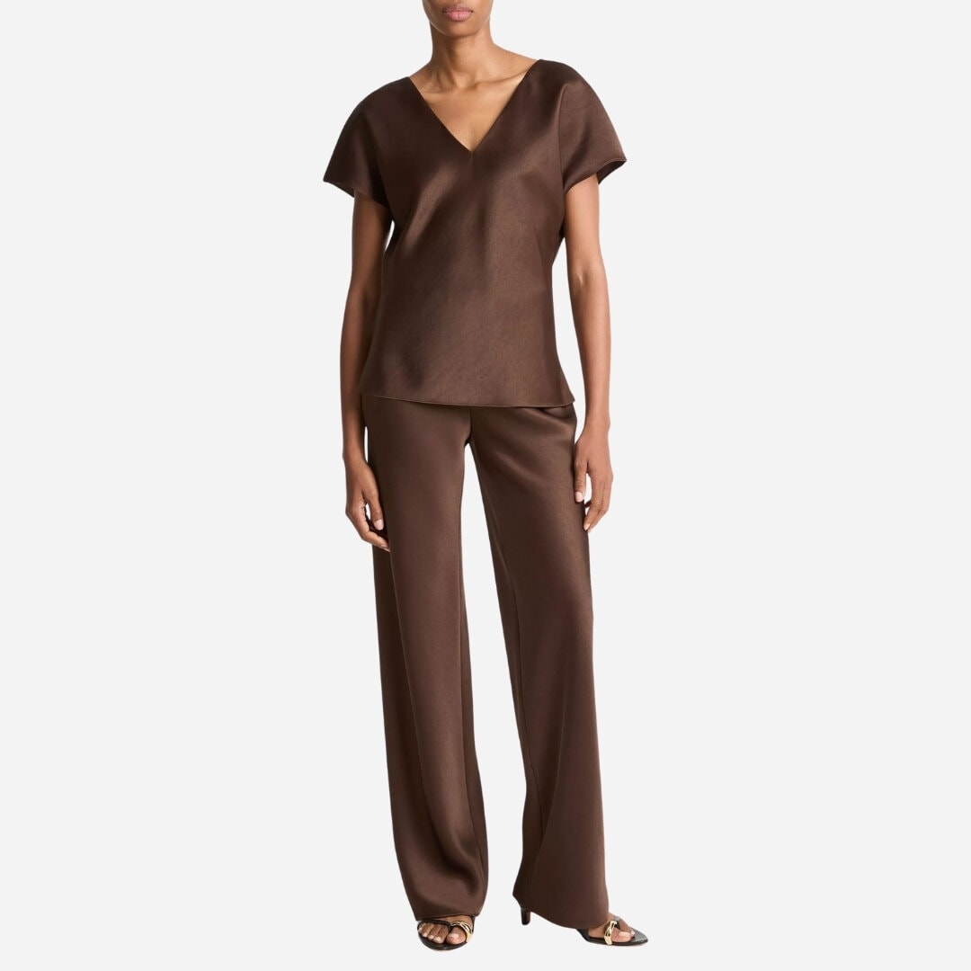 Satin V-Neck Blouse - Espresso