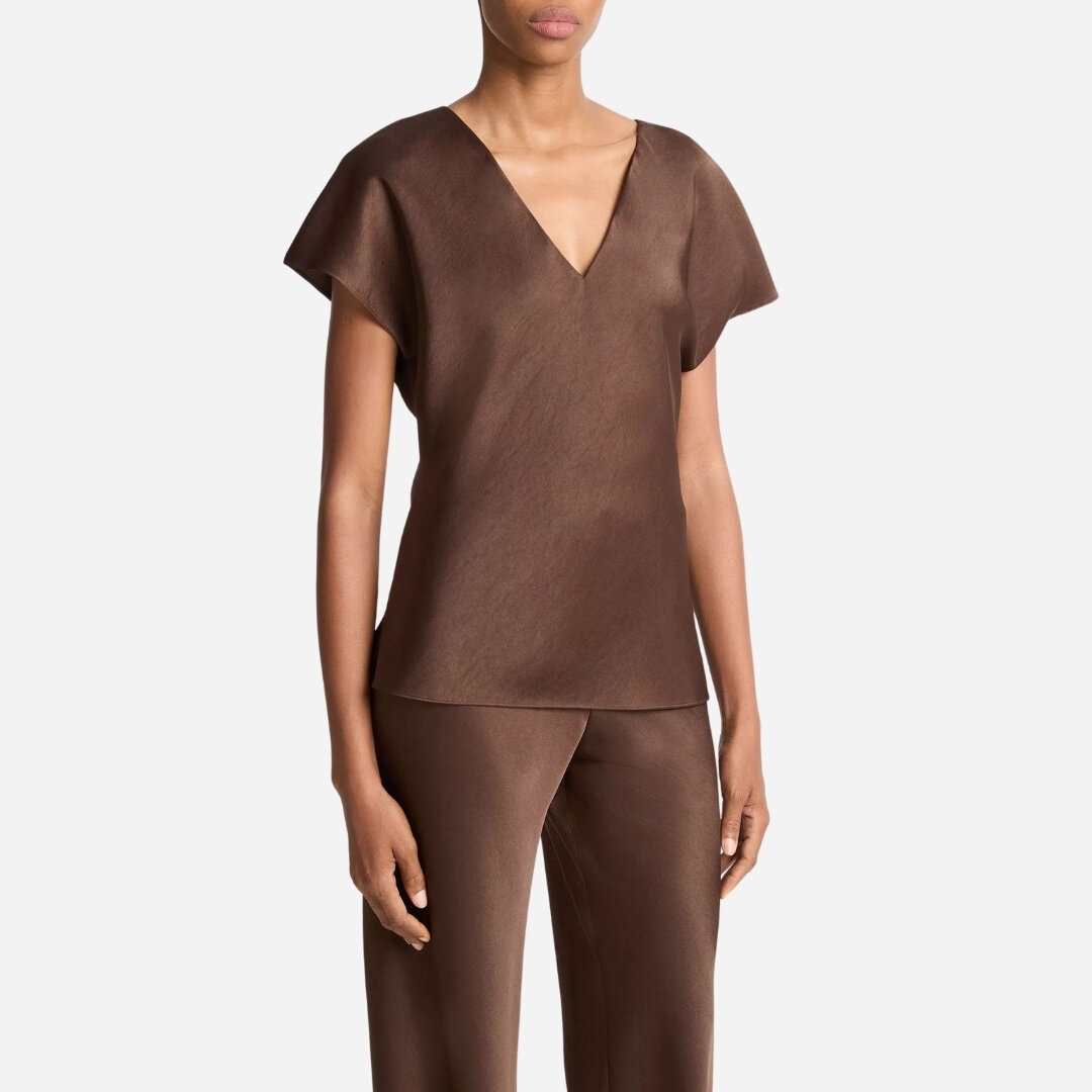 Satin V-Neck Blouse - Espresso