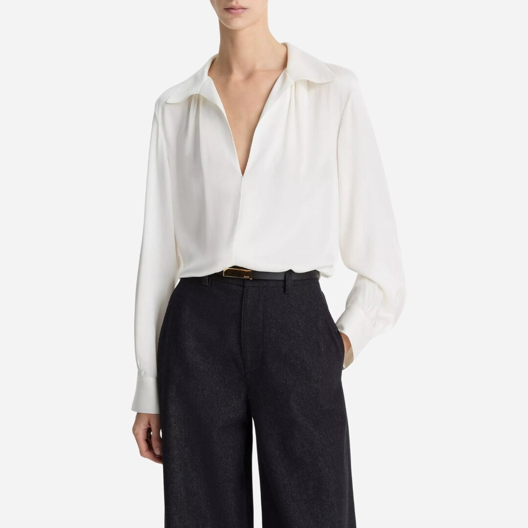 Smocked Silk-Blend Long Sleeve Blouse - Off White