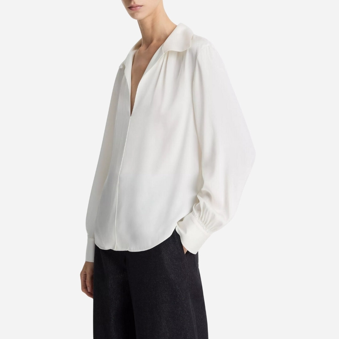 Smocked Silk-Blend Long Sleeve Blouse - Off White