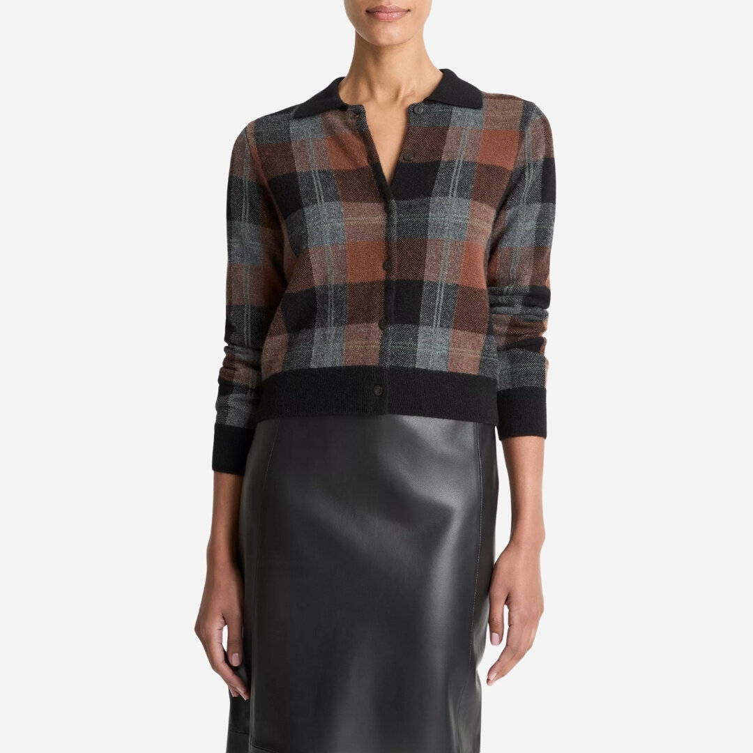 Checked Plaid Cashmere Polo Cardigan - Cacao/Black Combo