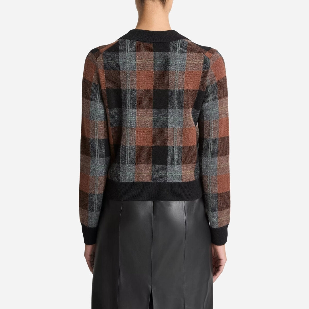 Checked Plaid Cashmere Polo Cardigan - Cacao/Black Combo
