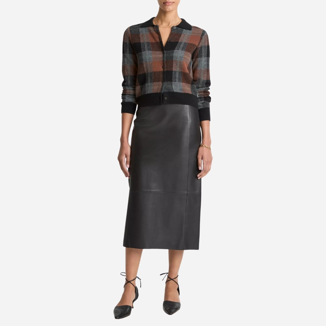 Checked Plaid Cashmere Polo Cardigan - Cacao/Black Combo