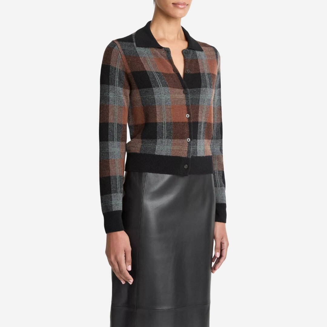 Checked Plaid Cashmere Polo Cardigan - Cacao/Black Combo