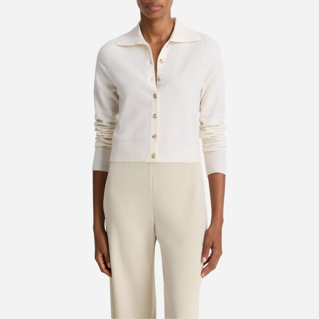 Wool & Cashmere-Blend Polo Cardigan - Off White