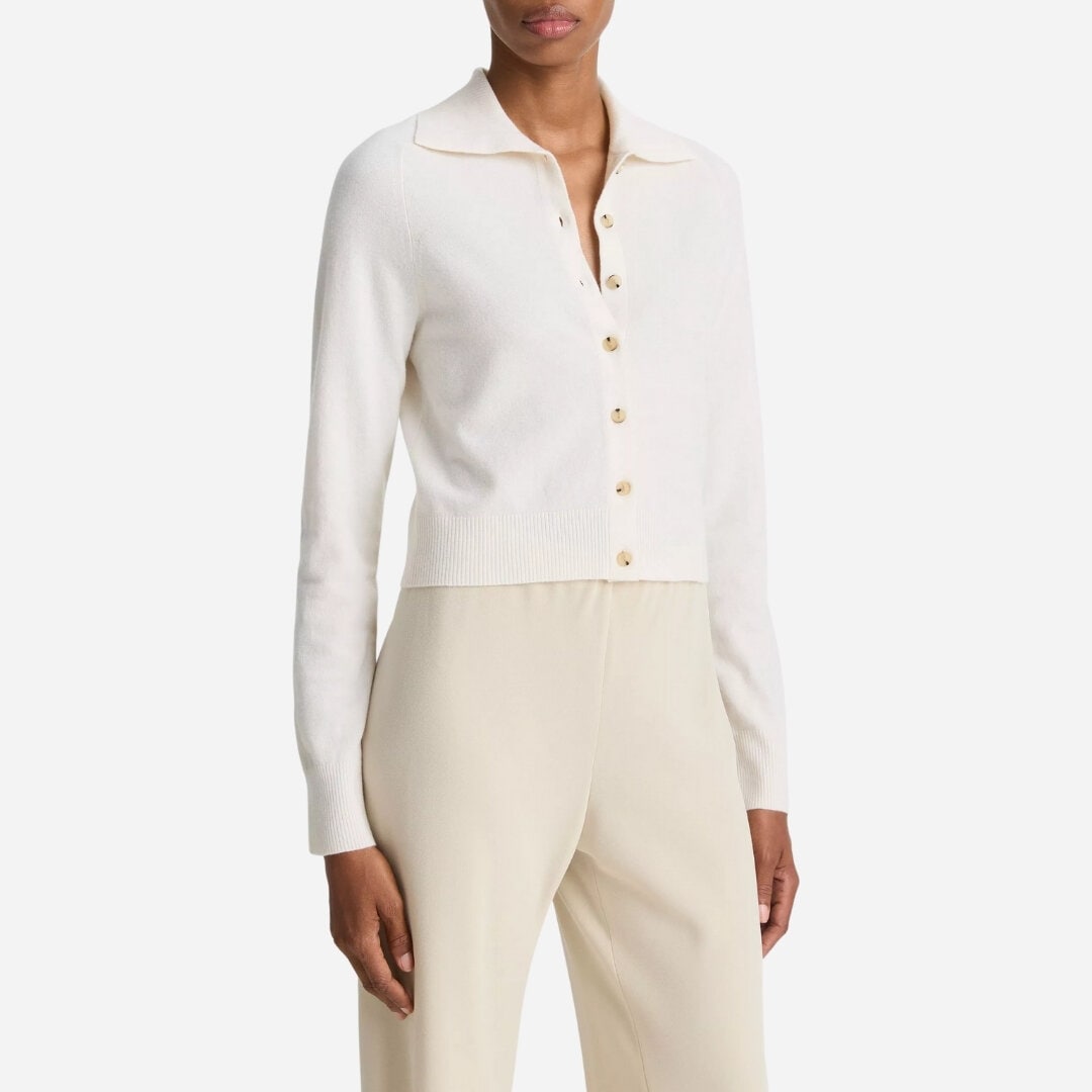 Wool & Cashmere-Blend Polo Cardigan - Off White