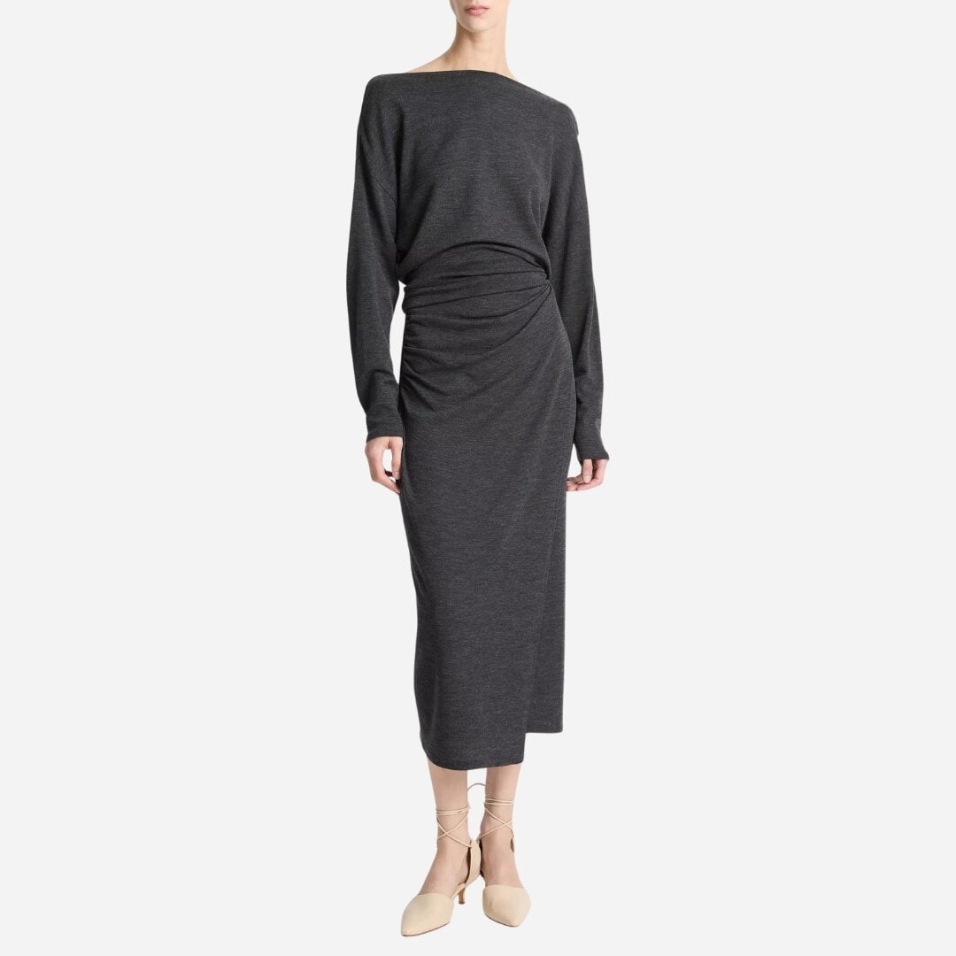 Draped-Waist Wool-Blend Midi Skirt - Dk Grey