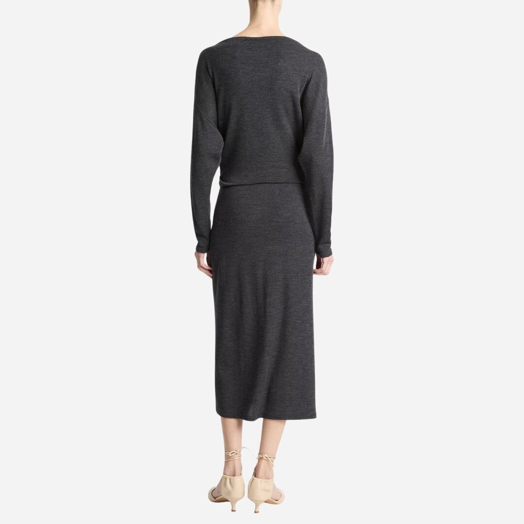 Draped-Waist Wool-Blend Midi Skirt - Dk Grey