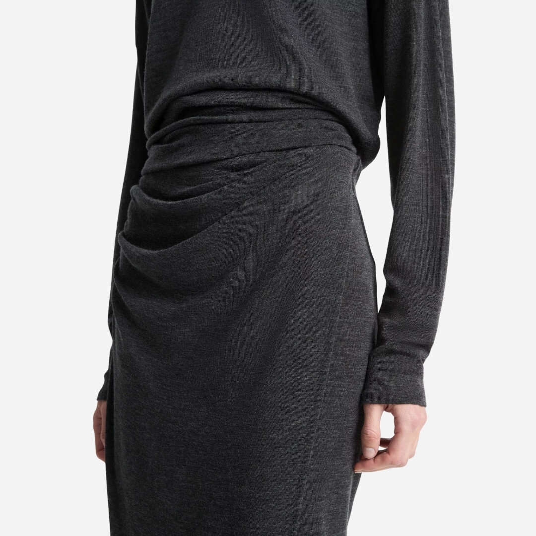 Draped-Waist Wool-Blend Midi Skirt - Dk Grey