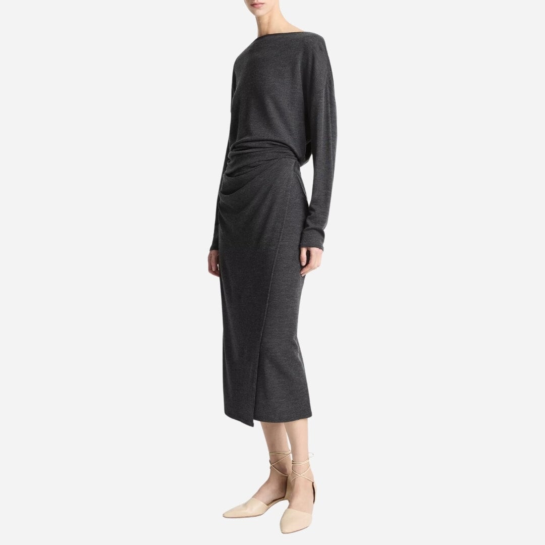 Draped-Waist Wool-Blend Midi Skirt - Dk Grey