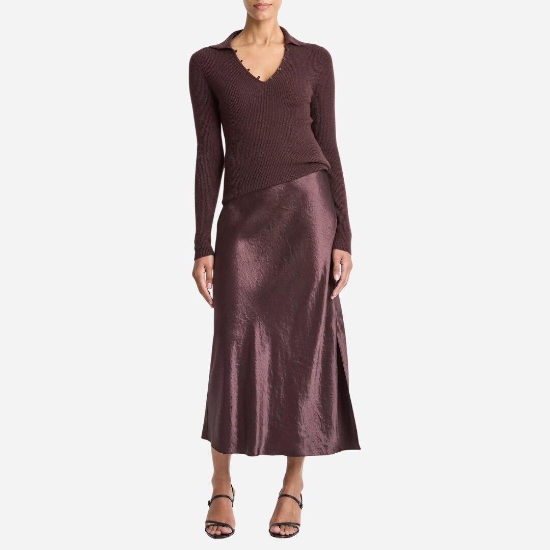 Satin Side-Slit Slip Skirt - Bordeaux