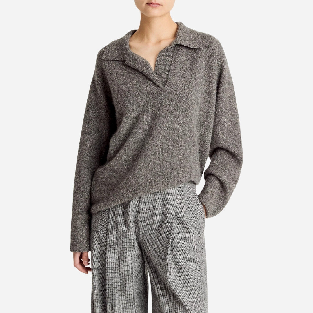 Donegal Plush Cashmere Dolman-Sleeve Polo Sweater - Medium Heather Grey
