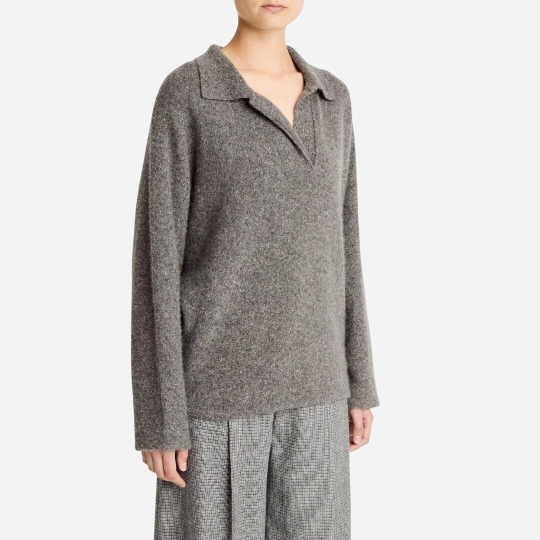 Donegal Plush Cashmere Dolman-Sleeve Polo Sweater - Medium Heather Grey
