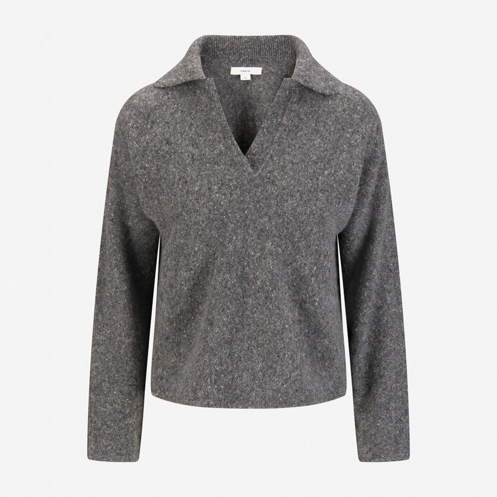 Donegal Plush Cashmere Dolman-Sleeve Polo Sweater - Medium Heather Grey