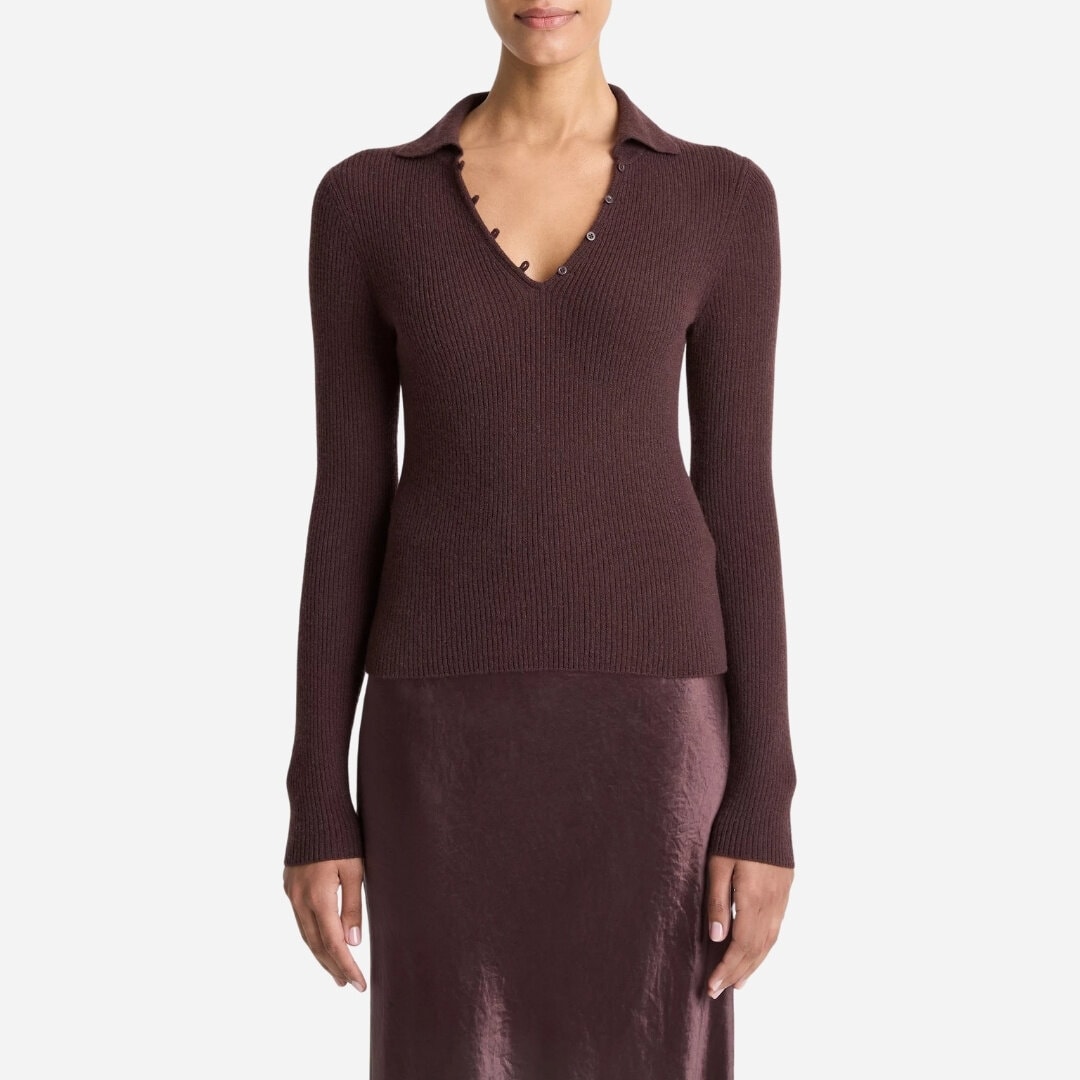 Ribbed Cashmere-Silk Polo Sweater - Fig