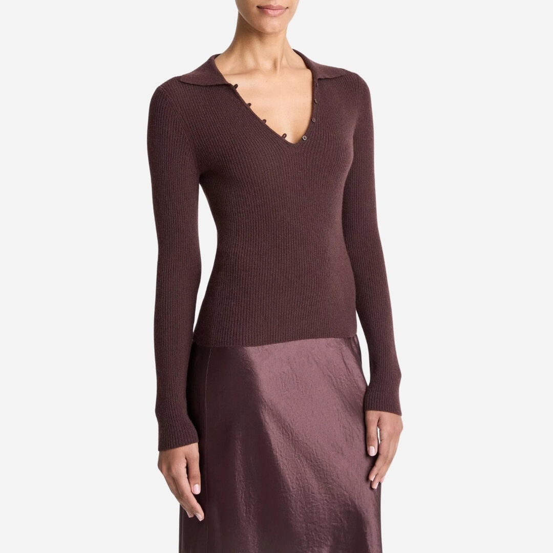 Ribbed Cashmere-Silk Polo Sweater - Fig