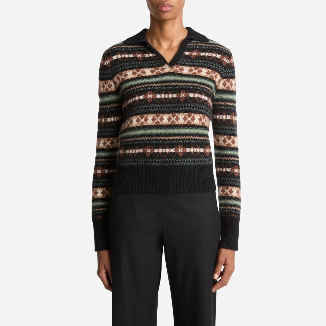 Fair Isle Cashmere Polo Sweater - Cacao/Malachite Combo