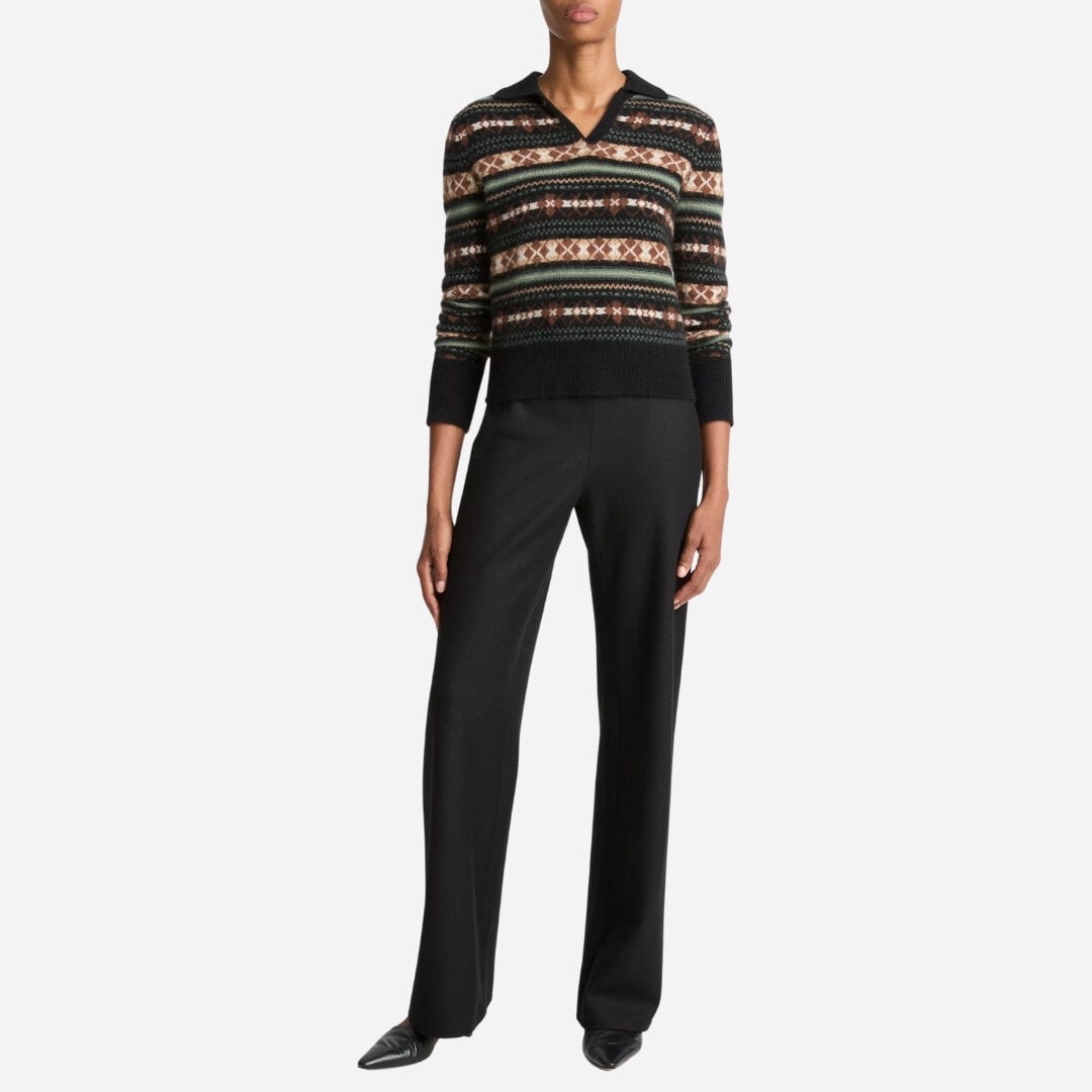 Fair Isle Cashmere Polo Sweater - Cacao/Malachite Combo