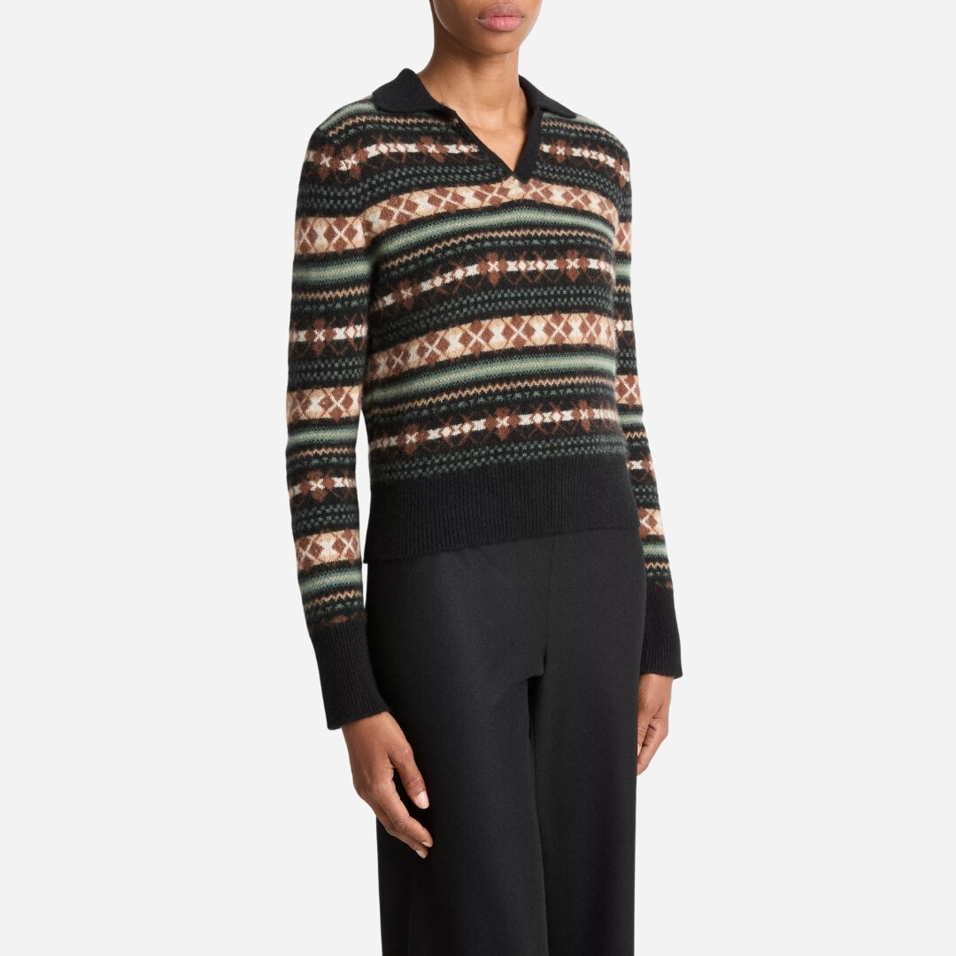 Fair Isle Cashmere Polo Sweater - Cacao/Malachite Combo