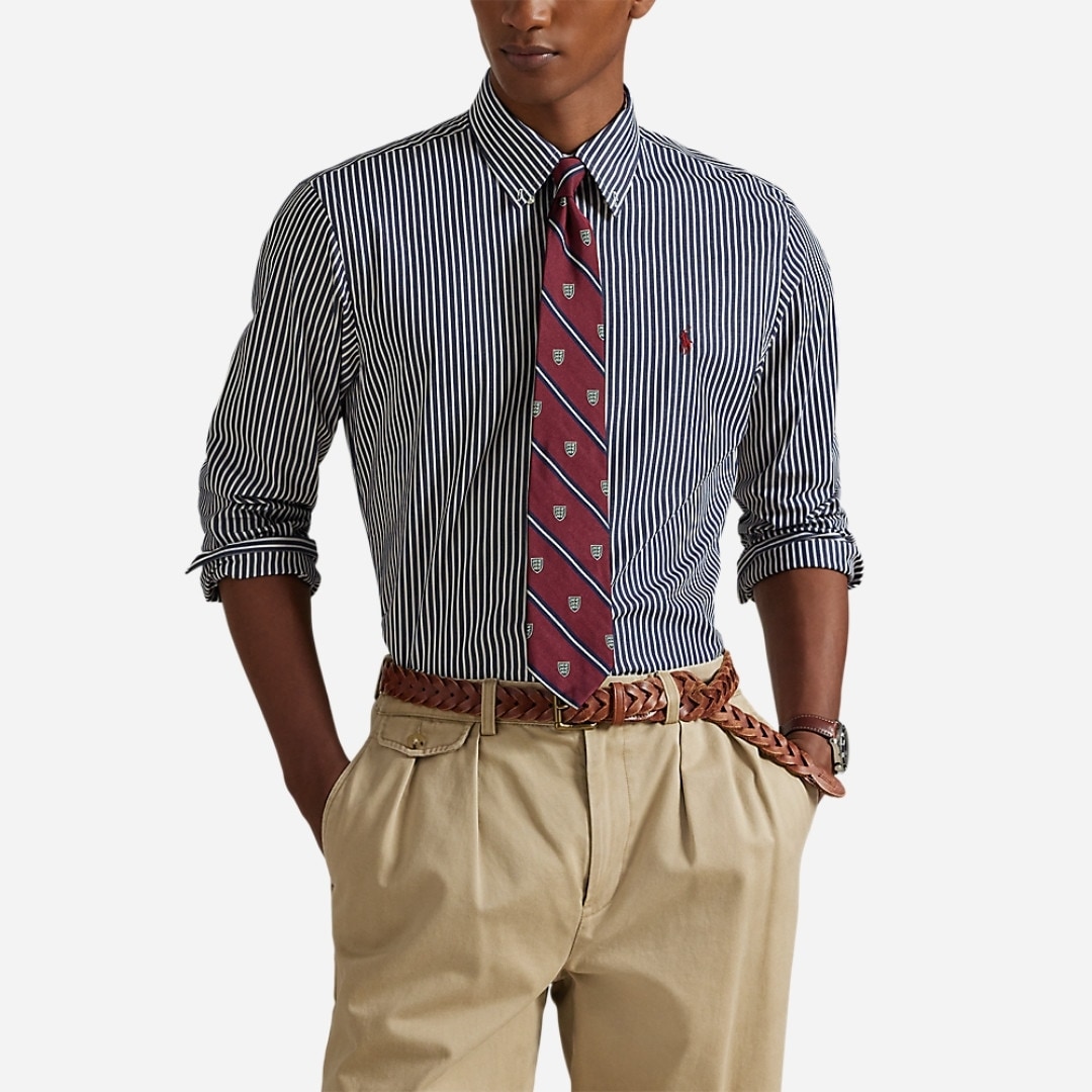 Slim Fit Striped Stretch Poplin Shirt - Newport Navy White