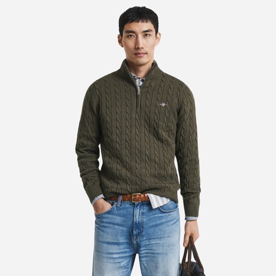 Cotton Cable Half Zip - Khaki Green Melange