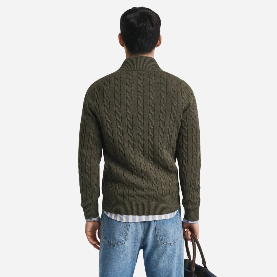 Cotton Cable Half Zip - Khaki Green Melange