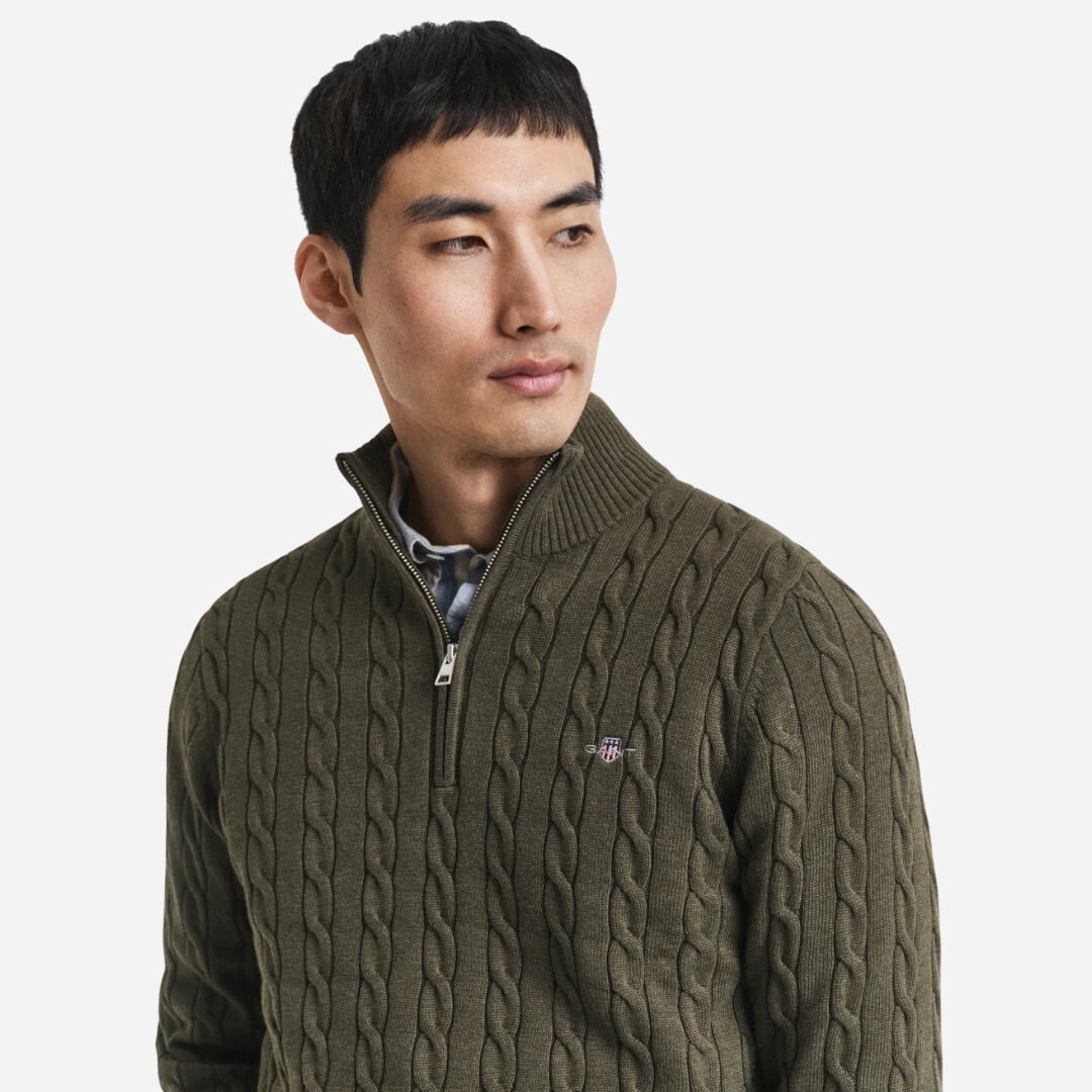 Cotton Cable Half Zip - Khaki Green Melange