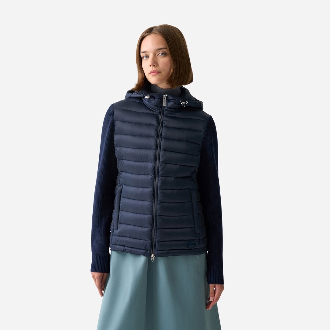 Hooded Jacket With Knit Sleeves - Navy Blue