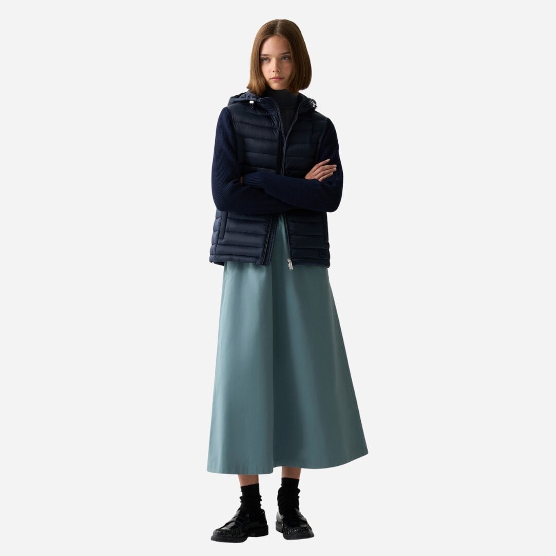 Hooded Jacket With Knit Sleeves - Navy Blue